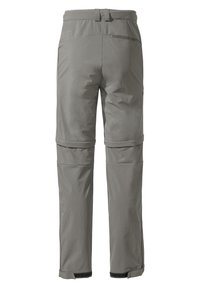 Pantalons convertibles gris clair avec une texture lisse, jambes amovibles par zip et poignets ajustables, comportant une taille avec un petit logo.