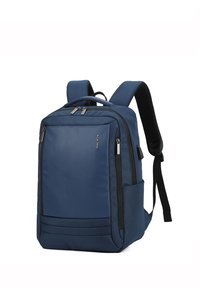 Zaino blu navy con finitura testurizzata, dotato di scomparti con doppia cerniera, spallacci regolabili imbottiti e una tasca laterale.