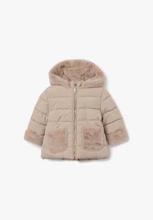 Chaleco puffer beige con capucha forrada de piel, cierre con cremallera y dos bolsillos frontales con detalles de piel. Tejido texturizado e insulated.