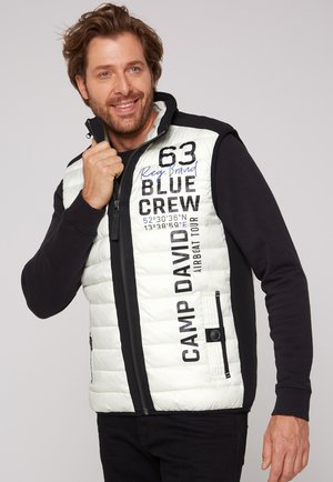 Uomo sorridente che indossa un gilet imbottito bianco con maniche nere e la scritta "63 Blue Crew Camp David Airboat Tour."