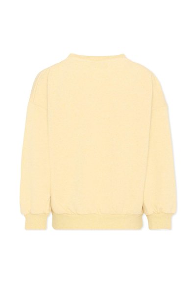 Sweat-shirt à manches longues couleur beige clair avec col rond, poignets et ourlet côtelés, vu de dos sur un fond blanc.