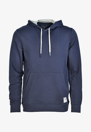 Marineblå hættetrøje lavet af blødt bomuldsblanding, med en lys grå indvendig hætte, snore og en front-kangaroo lomme. Udsmykket med mærke.