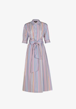Abito midi a righe con strisce verticali multicolore, chiusura frontale con bottoni, maniche corte e vita legata. Realizzato in tessuto leggero.