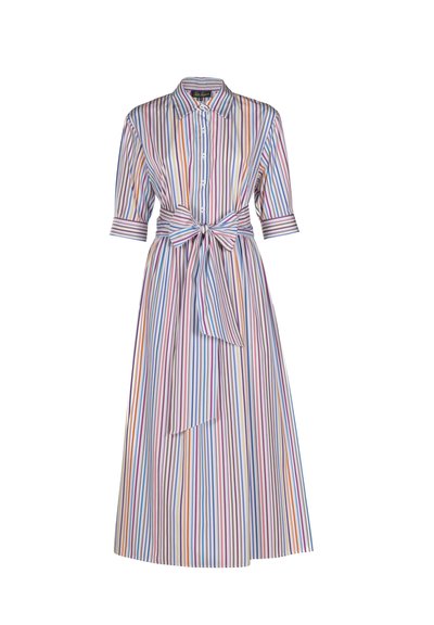 Striped midi dress featuring multicolored vertical stripes, button-down front, short sleeves, and a tied waist. Made from lightweight fabric.