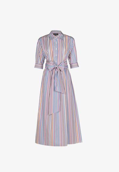 Rochie midi cu dungi, având dungi verticale multicolore, deschidere frontală cu nasturi, mâneci scurte și talie legată. Fabricată dintr-un material ușor.