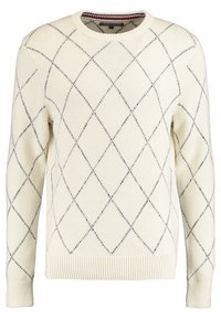 Maglione color crema con motivi a diamante bordati di blu navy. Collo e polsini a costine; tessuto a maglia testurizzato. Vestibilità classica.