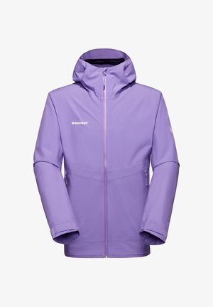 Helle lila wasserfeste Jacke mit Kapuze, Reißverschluss und Logo auf der Brust. Verfügt über lange Ärmel und eine glatte Textur.