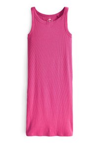Robe débardeur en jersey fuchsia, sans manches avec un col rond, présentant une texture côtelée et une silhouette droite.