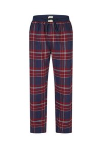 Heren loungebroeken in een ruitpatroon in marineblauw, rood en wit. Voorzien van een verstelbare tailleband, rechte pijpen en een geborstelde katoenstructuur.