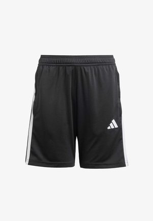 Crne atletske kratke hlače od glatkog materijala, s elastičnim pojasom i bijelim bočnim trakama. Adidas logo je prikazan u bijeloj boji.