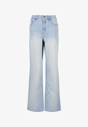 Jeans a zampa d'elefante in denim azzurro chiaro con vita alta, dotati di cinque tasche, chiusura frontale con bottone e leggere sfumature per un tocco di texture in più.