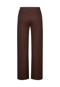 Bruine wijde broekspijpen gemaakt van gladde stof, met een platte tailleband en twee achterzakken, met een nette, op maat gemaakte afwerking.