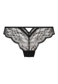 Perizoma in pizzo nero con intricati motivi floreali, fronte a forma di V e tessuto morbido sul retro per una copertura adeguata. Delicati bordi scallop.