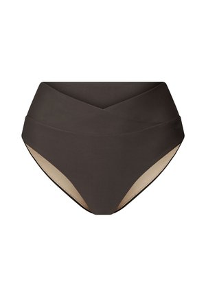 Hoog uitgesneden bikini broekje in donkerbruin met een crossover ontwerp, met een gladde textuur en contrasterende beige voering.