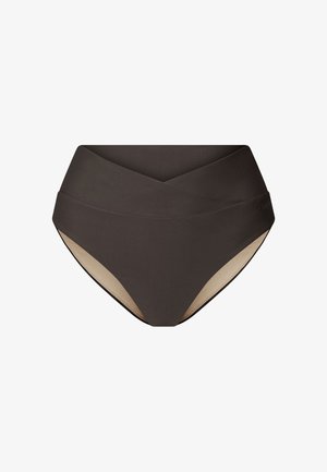 Hoog uitgesneden bikini broekje in donkerbruin met een crossover ontwerp, met een gladde textuur en contrasterende beige voering.