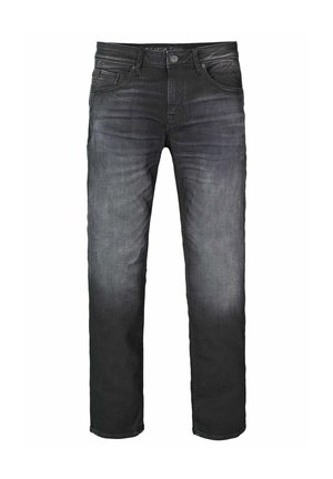 Dark denim jeans with a faded finish, featuring five pockets, a button closure, and stitched accents on the waistband and pockets.