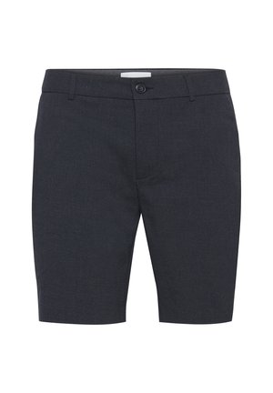 Mørkegrå shorts lavet af vævet stof, med en frontknaplukning, bæltestropper og to sidelommer. Glat tekstur og skræddersyet design.