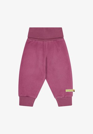 Purple, soft, fleece pants with a wide waistband, tapered cuffs, and a small brand label on the left leg. Smooth texture and casual fit.
