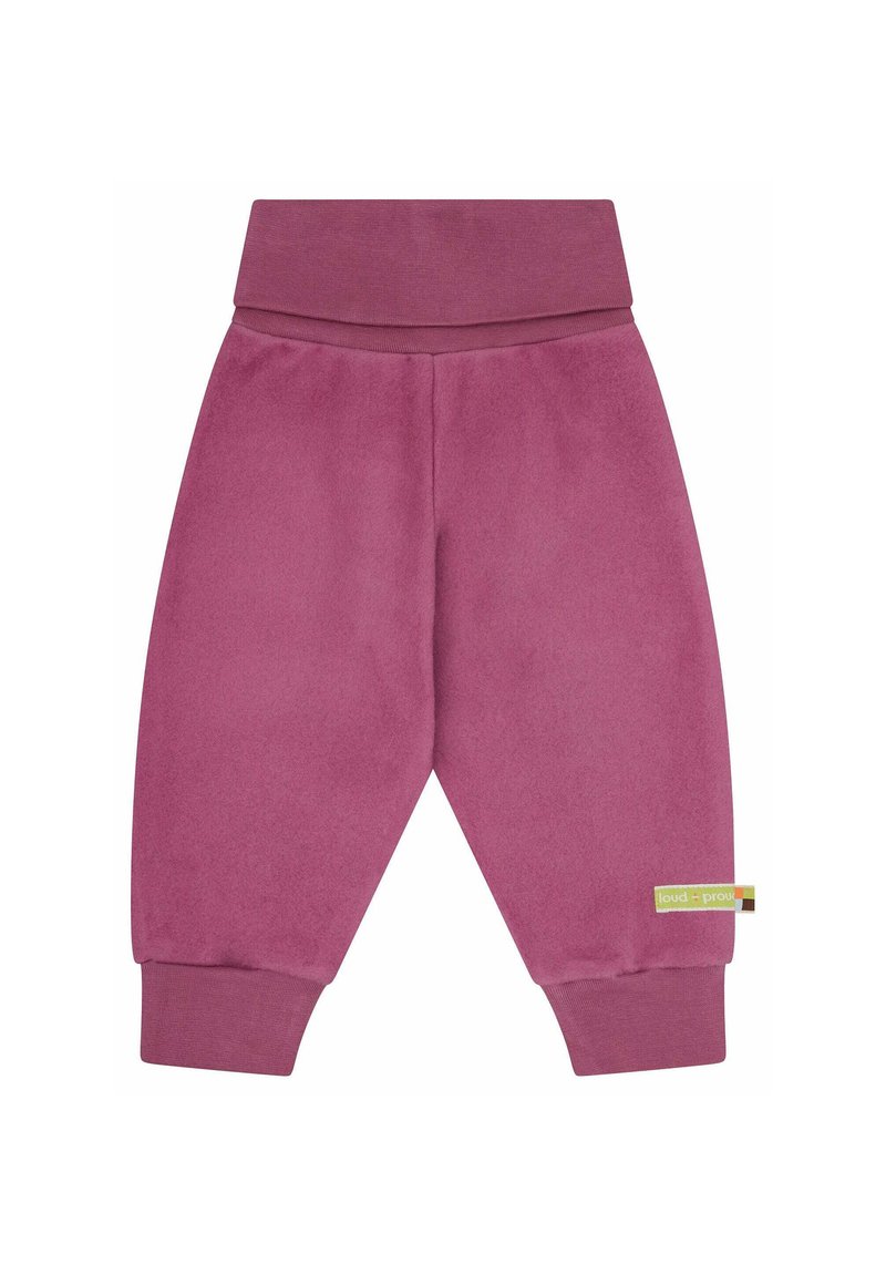 Pantaloni in pile viola, morbidi, con una cintura larga, polsini affusolati e una piccola etichetta del marchio sulla gamba sinistra. Texture liscia e vestibilità casual.