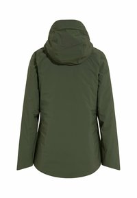 Green, mid-length jacket with a hood, featuring a smooth, matte finish and long sleeves; minimalistic design without visible hardware.