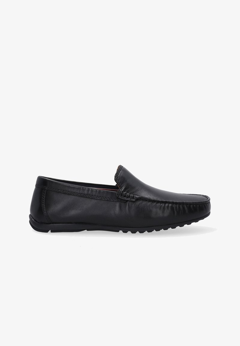 Schwarzer Leder-Pantoffel mit runder Zehenpartie, glatter Oberfläche und dekorativer Naht entlang der Vorderseite. Gummisohle mit Grip-Muster.