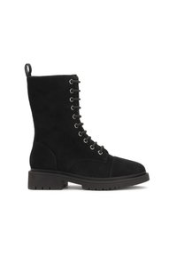 Botine din suede negru, cu șireturi, având vârful rotund, ochiuri metalice, o talpă rezistentă și o bandă la spate pentru a fi ușor de încălțat.
