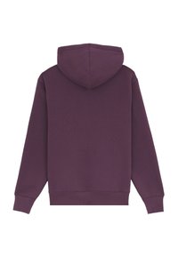Sweat à capuche violet foncé vu de dos avec manches longues, capuche et poignets et ourlet côtelés.
