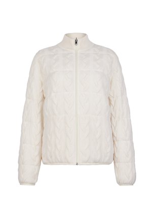 Weiße Strickjacke mit durchgehendem Frontreißverschluss, hohem Kragen und Zopfstrickmuster an Ärmeln und Körper.