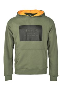 Olivengroene hoodie met een zwart vooropdruk met de tekst "TOP GUN 69TH DIVISION AN AMERICAN ICON." De voering is oranje. Voorzien van een kangoeroezak.