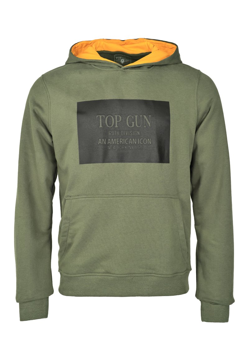 Olivengroene hoodie met een zwart vooropdruk met de tekst "TOP GUN 69TH DIVISION AN AMERICAN ICON." De voering is oranje. Voorzien van een kangoeroezak.