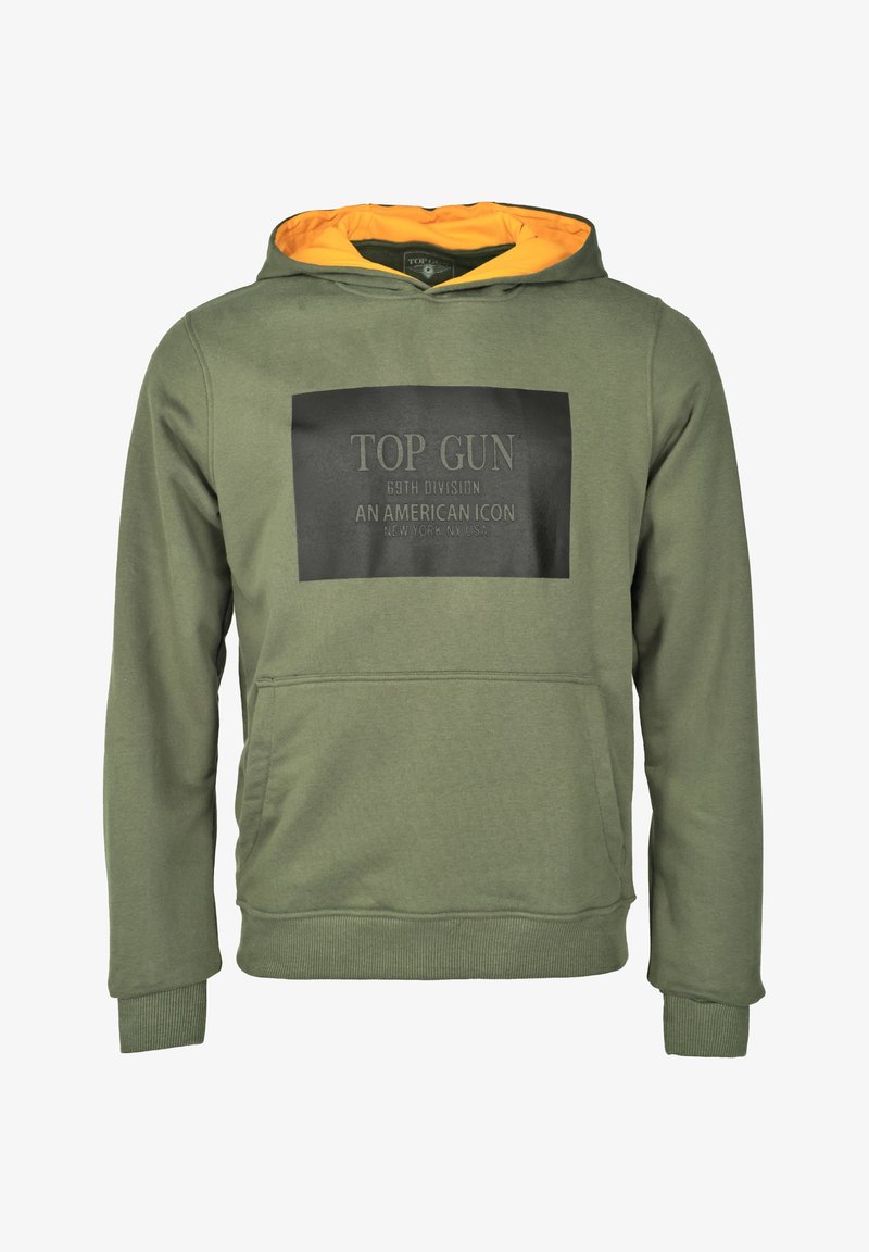 Olivengroene hoodie met een zwart vooropdruk met de tekst "TOP GUN 69TH DIVISION AN AMERICAN ICON." De voering is oranje. Voorzien van een kangoeroezak.