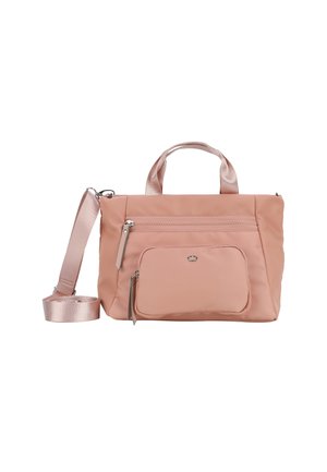 Lys rosa nylon håndtaske med dobbeltoverhåndtag, justerbar skulderrem, frontlomme med lynlås og logo detaljer. Glat tekstur og enkelt design.