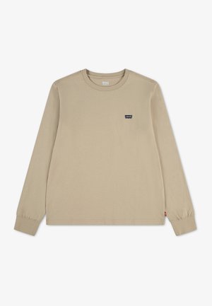 Beige langærmet t-shirt med rund hals, ribbede manchetter og et lille sort Levi's-logo på venstre bryst.