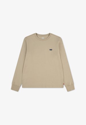 T-shirt beige à manches longues, col ras-du-cou, poignets côtelés et petit patch noir avec logo Levi's sur la poitrine gauche.