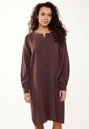 Langsleeve, knoop-up jurk in gestructureerde, donkerbruine stof met een V-hals en ballonsleeven. Midi-lengte, relaxte pasvorm.