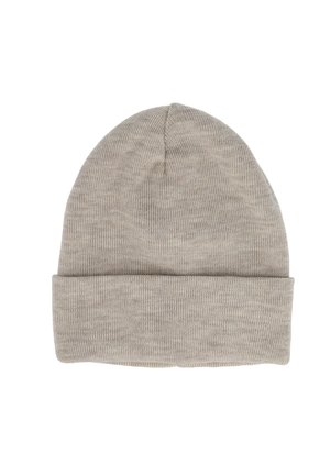Light gray knit beanie hat with folded brim, displayed flat against a white background.
