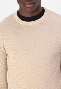 Beige gestructureerde trui met ronde hals, voorzien van een subtiel honingraatpatroon en geribbelde afwerking bij de hals.