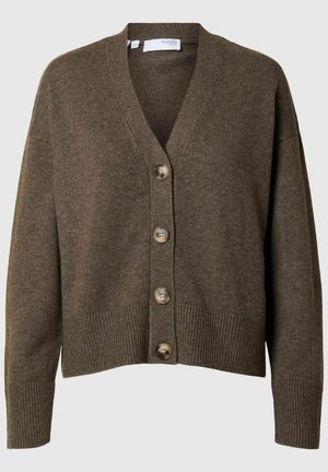 Brown knitted cardigan with a v-neck, five large buttons, and ribbed cuffs and hem. Soft texture with a relaxed fit.