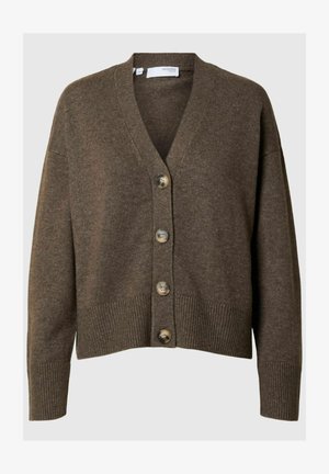 Brown knitted cardigan with a v-neck, five large buttons, and ribbed cuffs and hem. Soft texture with a relaxed fit.