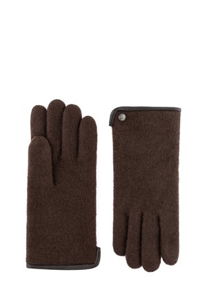Pair of dark brown textured gloves with black trim, one showing the palm side and the other the back with a small metallic button detail.