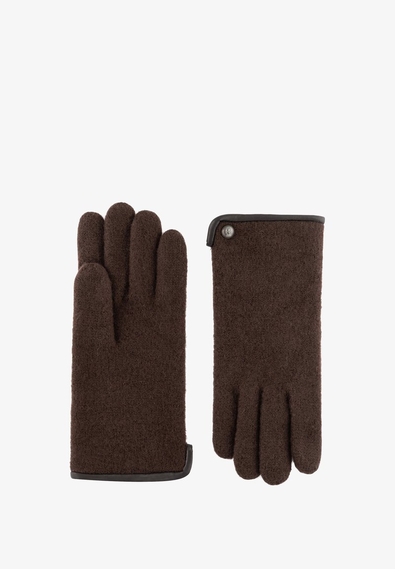 Pair of dark brown textured gloves with black trim, one showing the palm side and the other the back with a small metallic button detail.