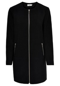 Svart kappa med rund hals, hel dragkedja på framsidan, två sidofickor med dragkedja och en rak silhuett gjord av texturerat tyg.