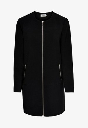 Czarny płaszcz z okrągłym dekoltem, pełnym zamkiem błyskawicznym z przodu, dwoma bocznymi kieszeniami na zamek i prostym krojem, wykonany z teksturowanej tkaniny.