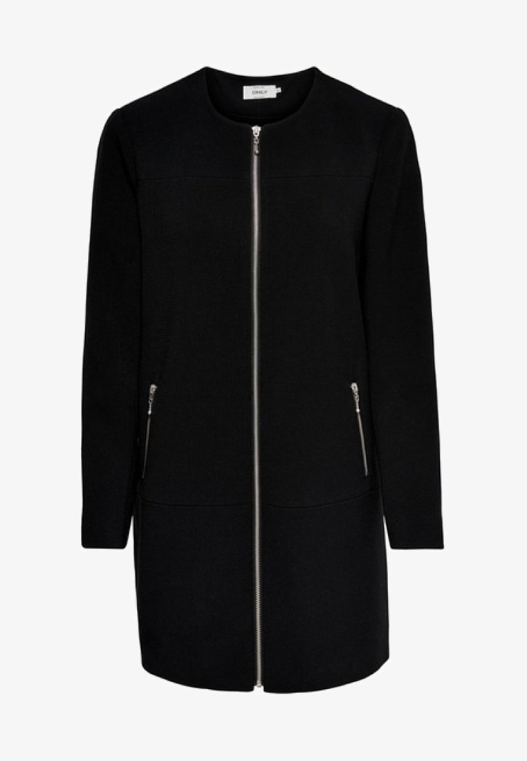 Svart kappa med rund hals, hel dragkedja på framsidan, två sidofickor med dragkedja och en rak silhuett gjord av texturerat tyg.
