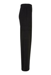 Schwarz, lange Cargo-Hosen mit einem elastischen Bund und einer Seitentasche. Hergestellt aus glattem Stoff mit geradem Schnitt und ohne Verzierungen.