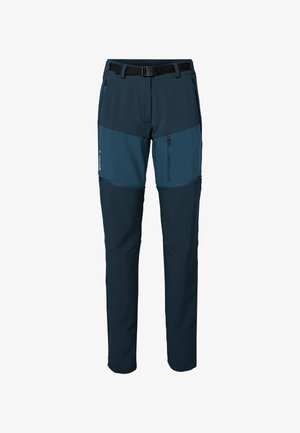 Navyblauwe wandelbroeken met een mix van textuur en gladde stof, voorzien van ritszakken en een verstelbare riem.
