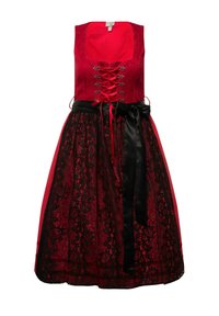 Robe rouge avec un corsage à motifs et une jupe en dentelle noire, présentant un devant à lacets et une ceinture en satin noir. Design texturé et superposé.
