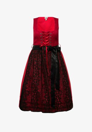 Rode jurk met een gebloemde lijfje en zwarte kant rok, met een vetersluiting aan de voorkant en een zwarte satijnen riem. Gelaagd en gestructureerd ontwerp.