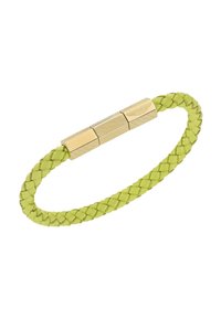 Bracciale in pelle intrecciata verde con una chiusura in metallo dorato testurizzata che presenta un dettaglio logo, caratterizzato da una finitura liscia e un design flessibile.