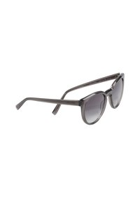 Occhiali da sole grigi con forma cat-eye arrotondata, montatura in plastica trasparente grigia e dettagli metallici sulle tempie. Lenti sfumate.